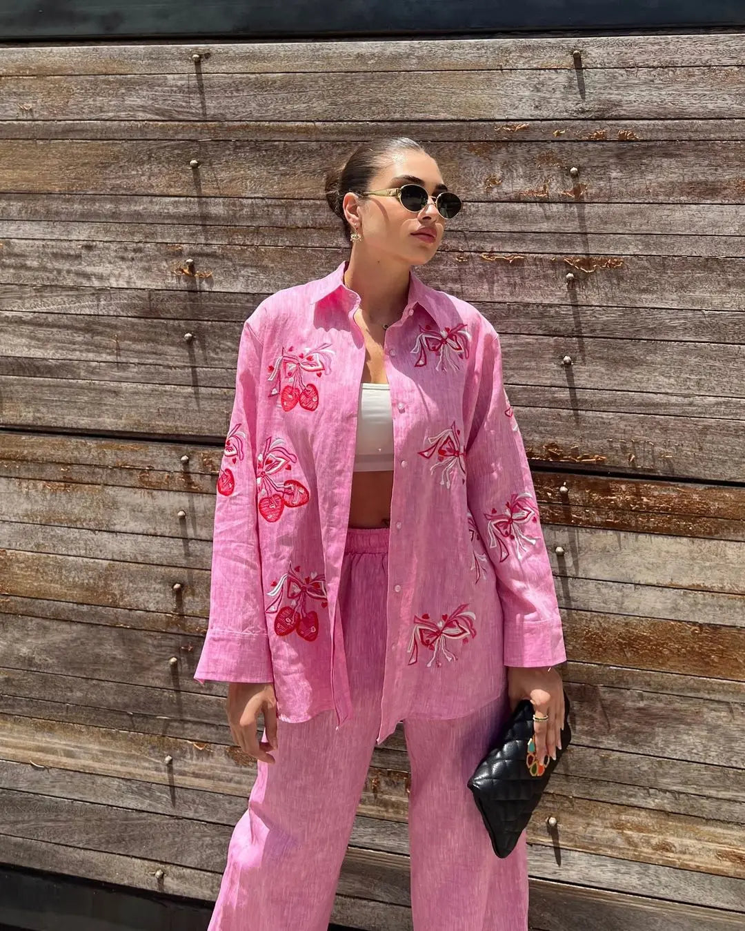 Fashion Embroidery Casual Trousers Outfit Spring Women Long Sleeved Lapel Shirt+High Waist Loose Wide Leg Pants Two Piece Set