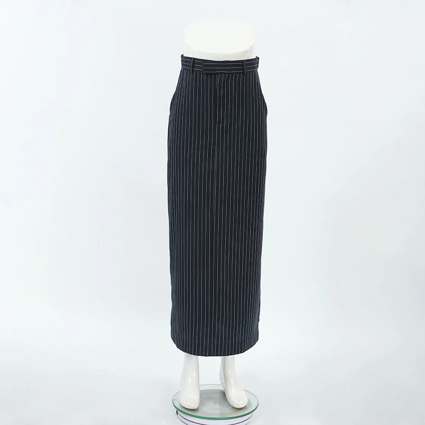 2024 Spring Office Zipper Long Skirts Women Streetwear Blue Stripe Straight Skirt Fashion Casual Twill High Waist Skirts