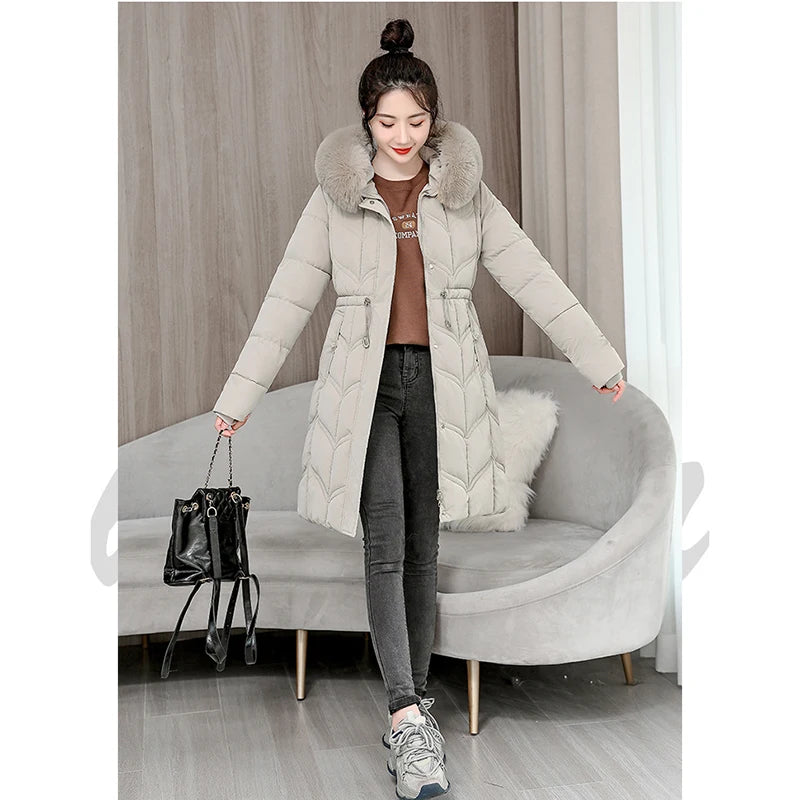 Winter Long Woman Hooded Down Jackets Parkas with Belt Long Coat Women Overcoat New Fur Collar Elegant Thick Warm Padded Jacket