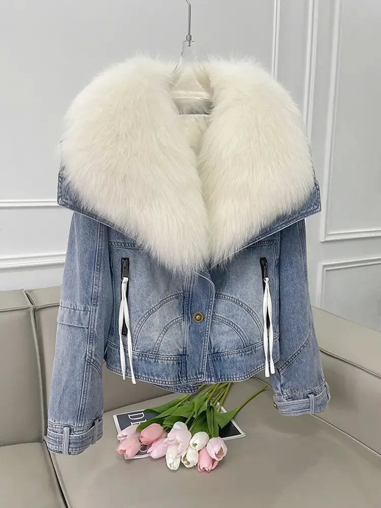 Winter Fur Coat Removable Fur Collar Cotton Jacket New Thickened Short Denim Jacket Fashion Harajuku Parkas Jeans Jacket