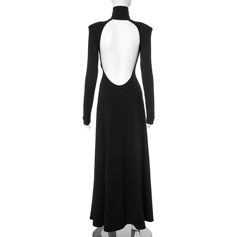 Spring Autumn Elegant High Collar Evening Dresses Women Black Long Sleeves Backless Dress Fashion Bodycon Banquet Vestidos Dress