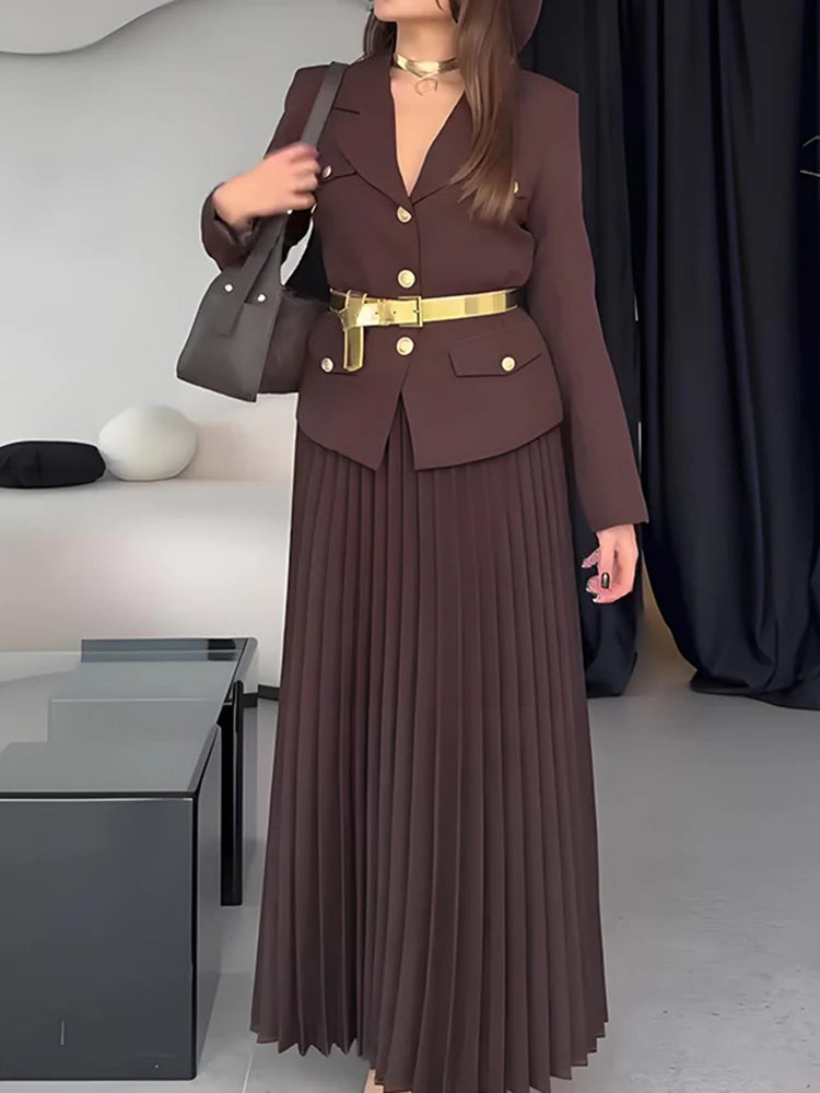 Spring Chic Two Pieces Set Women Single-breasted Lapel Casual Top Coat Belt Pleated Midi Skirt Suit Lady Autumn Fashion Outfit