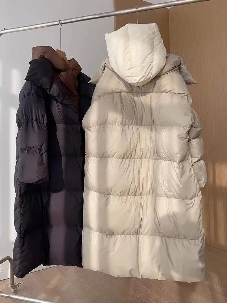 Winter New White Duck Down Hooded Fake Two Piece Down Jacket Women's Long Knee Down Jacket Winter Women's Warm Coat Pike Coat