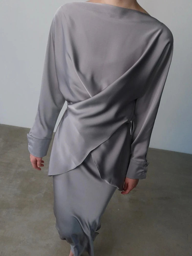 Spring Elegant Satins Outfit Women Long Sleeved Lace Up Top+High Waist Loose Straight Bust Skirt Autumn Female Two Piece Set