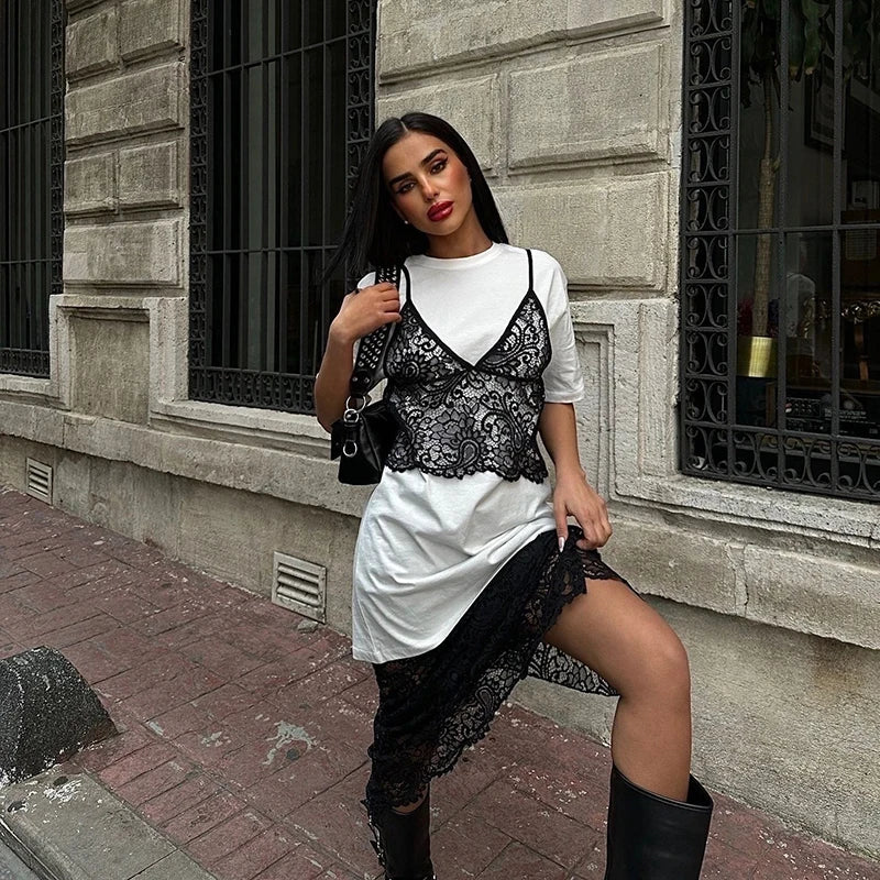 Summer Female Short Sleeve Casual Tee Women Fake Two Piece Chest Lace Stitching T-Shirt Fashion Tops Ladies Chic T-Shirt