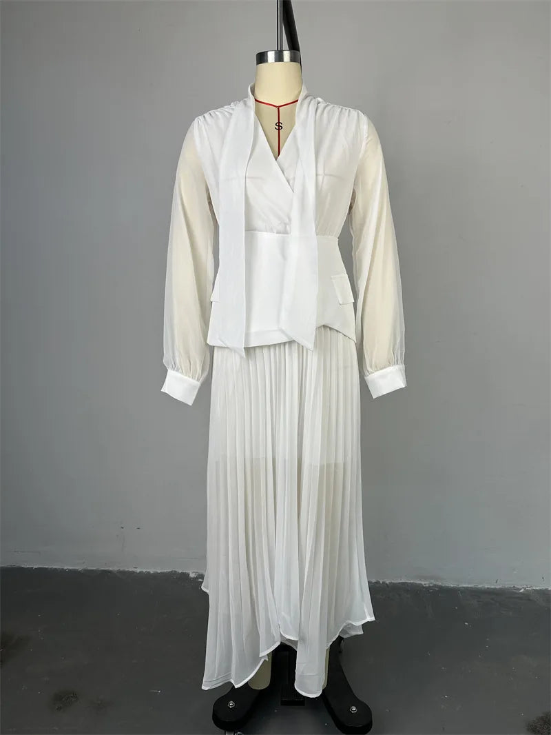 Women Dress Sets Skirt Two Piece Sets Elegant White Irregularity V Neck Full Sleeve Tops Lace Up Pleated A Line Long Skirts Suit