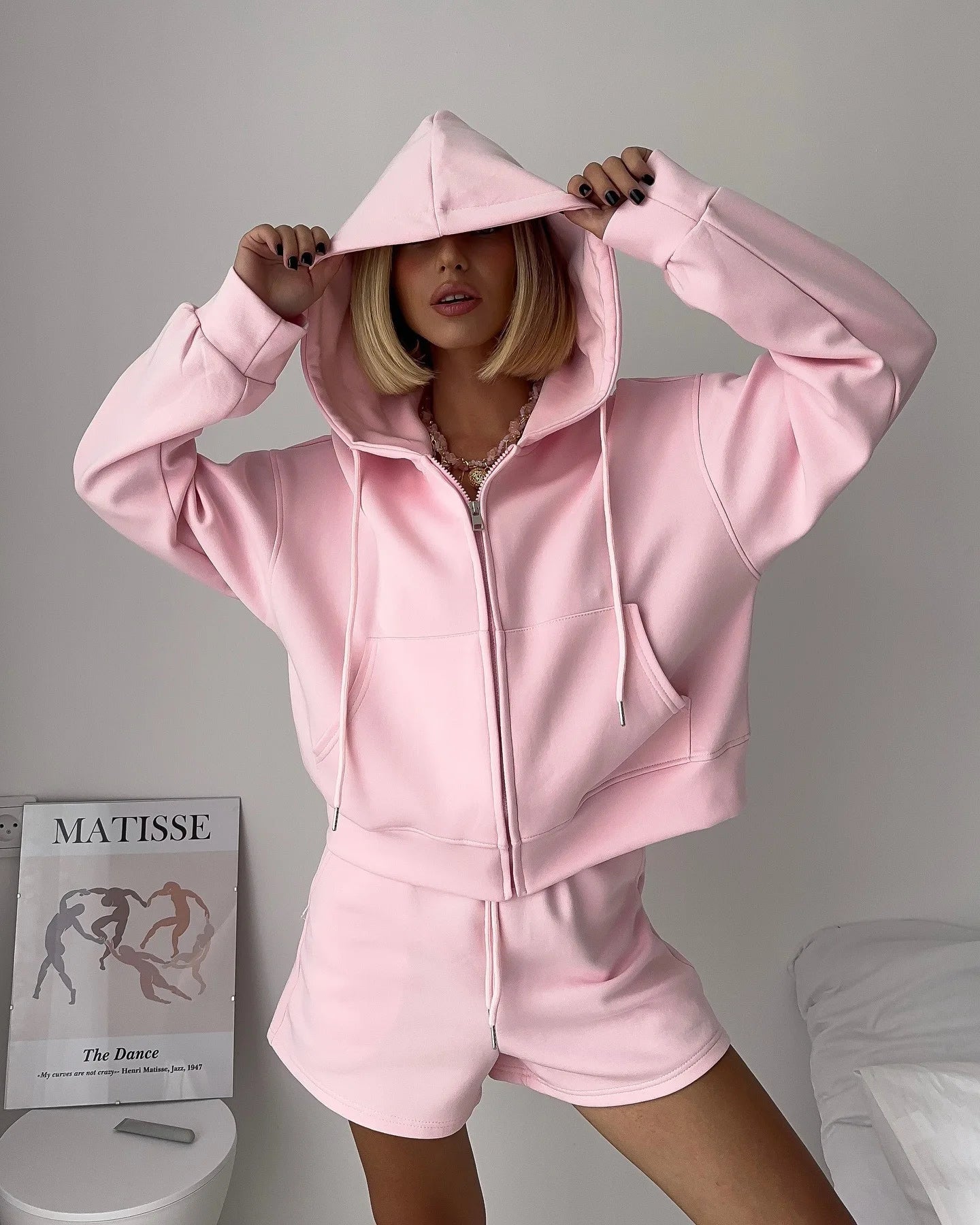 100% Cotton Casual Shorts Two Piece Set Spring Women Hooded Long Sleeved Sweatshirt+High Waist Drawstring Shorts Female Outfit