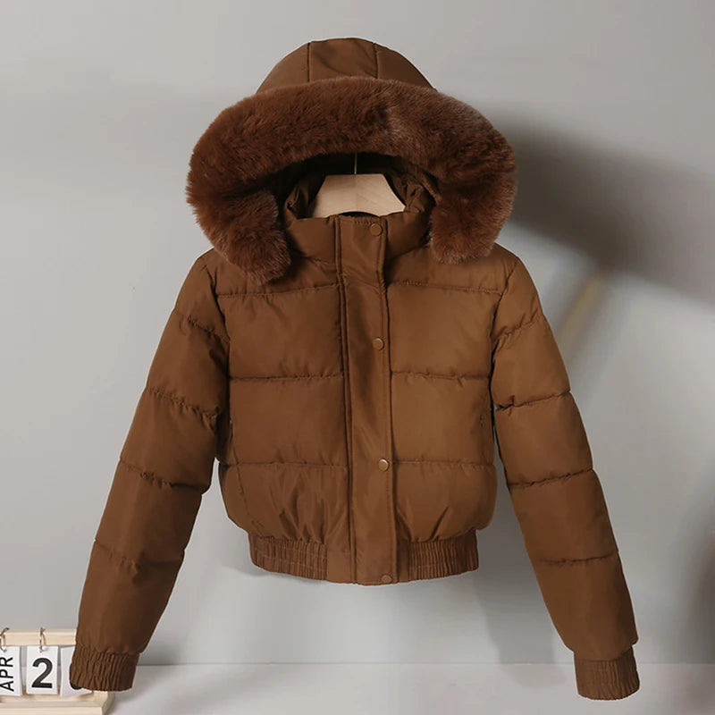 New Winter Warm Hooded Down Cotton Jacket Women Thickened Fleece Lining Big Fur Collar Long Sleeve Short Parkas Jacket Coat