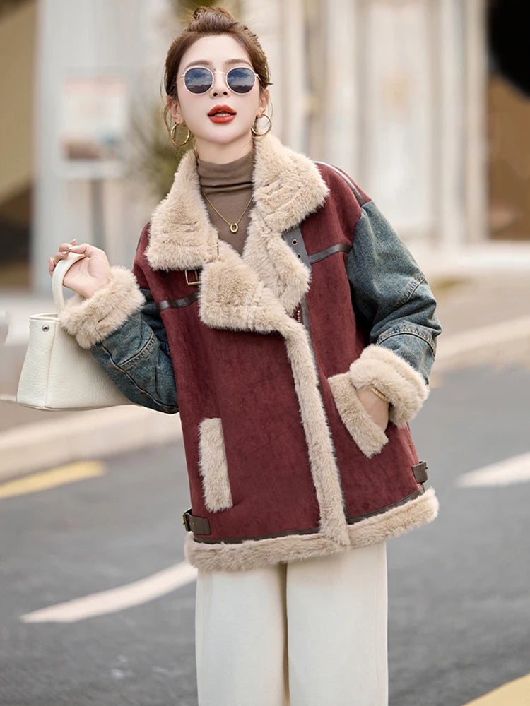 Winter Denim Splicing Big Lapel Warm Jackets Woman Single Breasted Long Sleeve Shearling Coat Lady Street Thicken Outerwear Coat