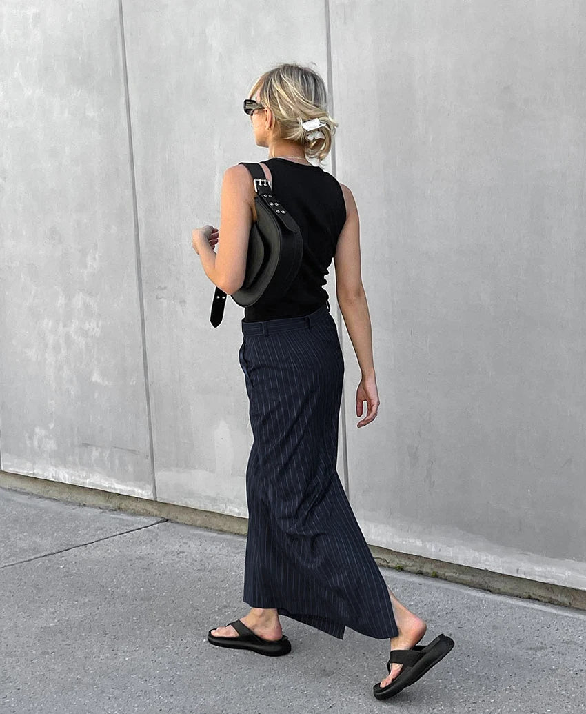 2024 Spring Office Zipper Long Skirts Women Streetwear Blue Stripe Straight Skirt Fashion Casual Twill High Waist Skirts