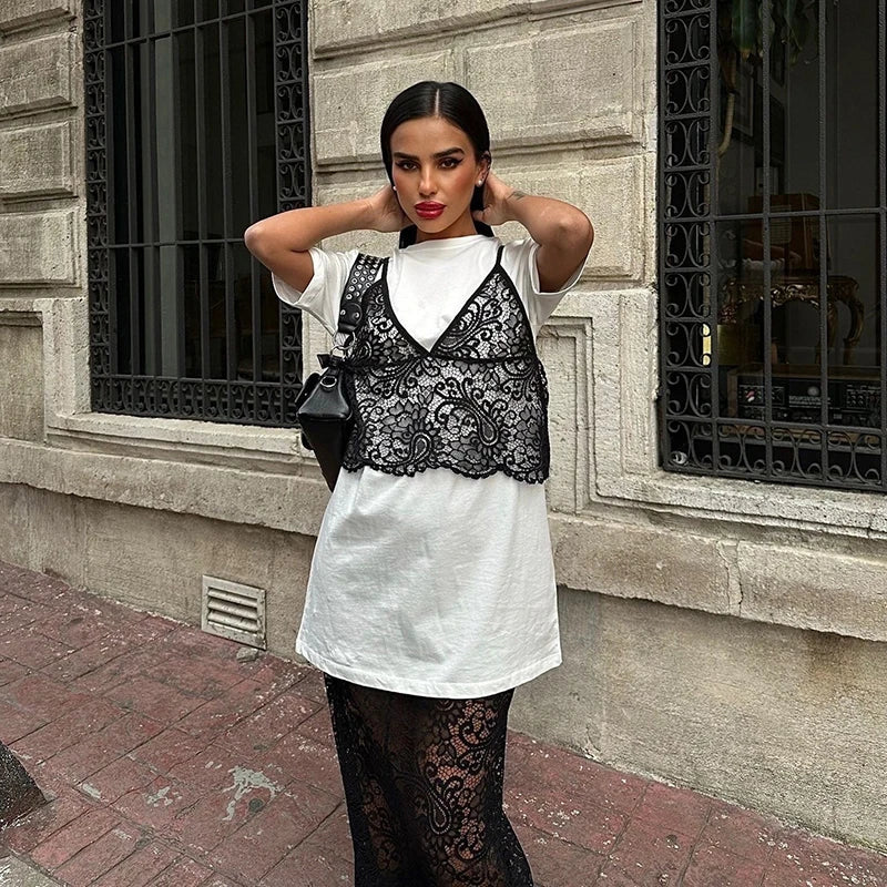 Summer Female Short Sleeve Casual Tee Women Fake Two Piece Chest Lace Stitching T-Shirt Fashion Tops Ladies Chic T-Shirt