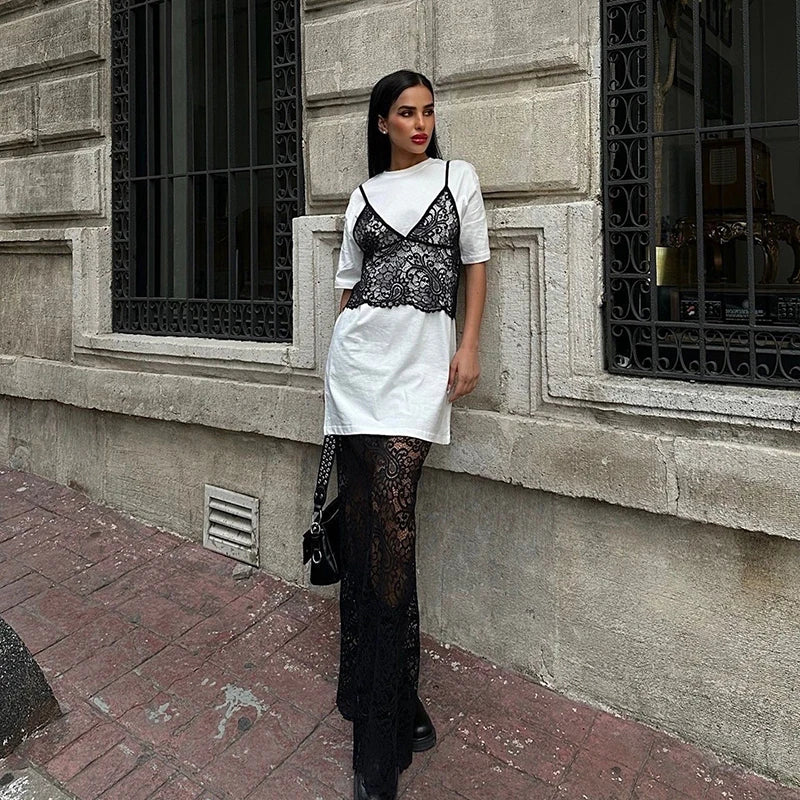 Summer Female Short Sleeve Casual Tee Women Fake Two Piece Chest Lace Stitching T-Shirt Fashion Tops Ladies Chic T-Shirt