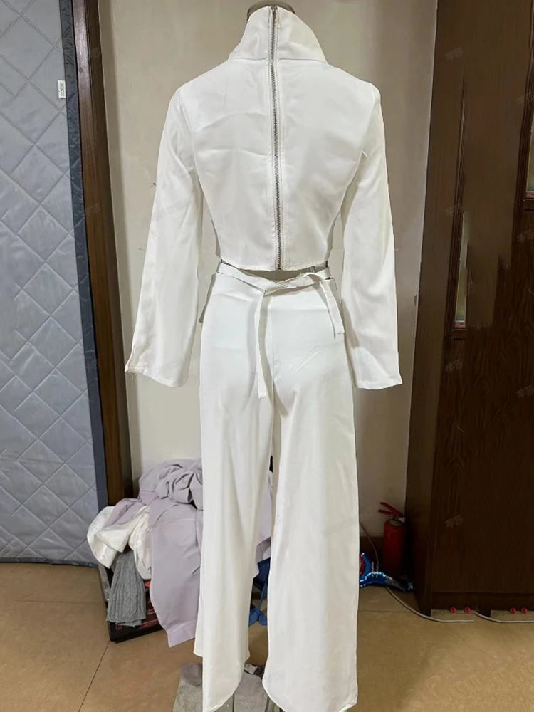 Women's Fashion Two Piece Set High Neck Navel Exposed Sweet Spicy Long Sleeve Top Loose Wide Leg Pants Set Female Trousers Sets