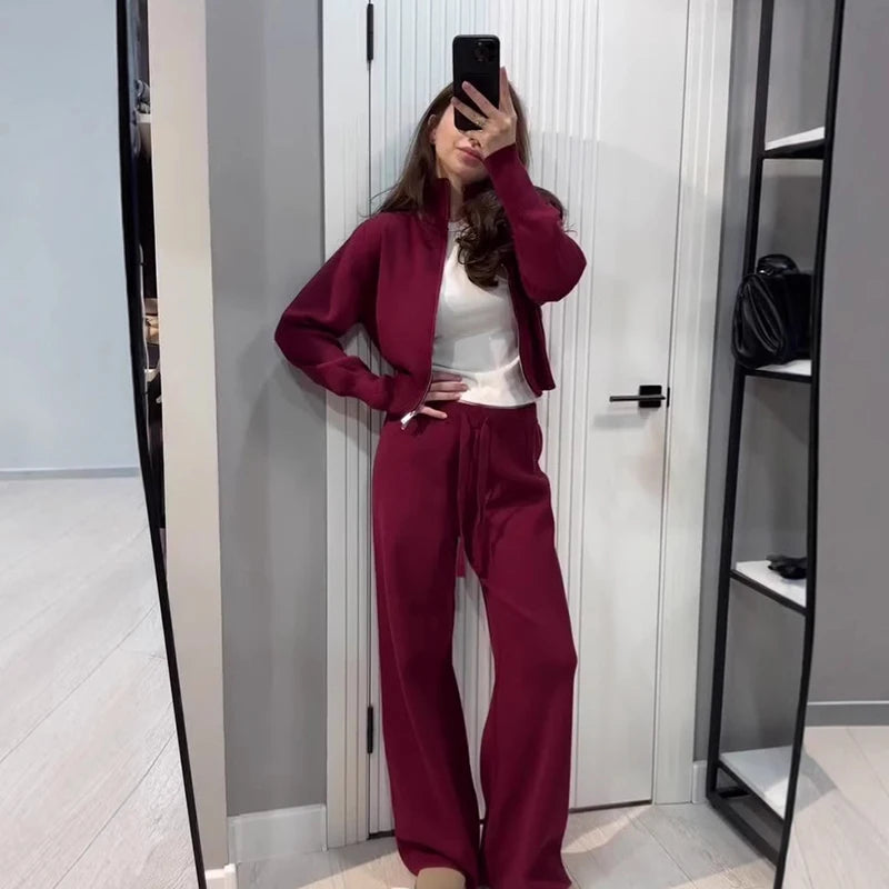 Spring Autumn Lady Solid Tracksuit Casual Knitted Cardigan Pants Sets 2 Pieces For Women Stand Collar Zipper Coat Wide Leg Pants