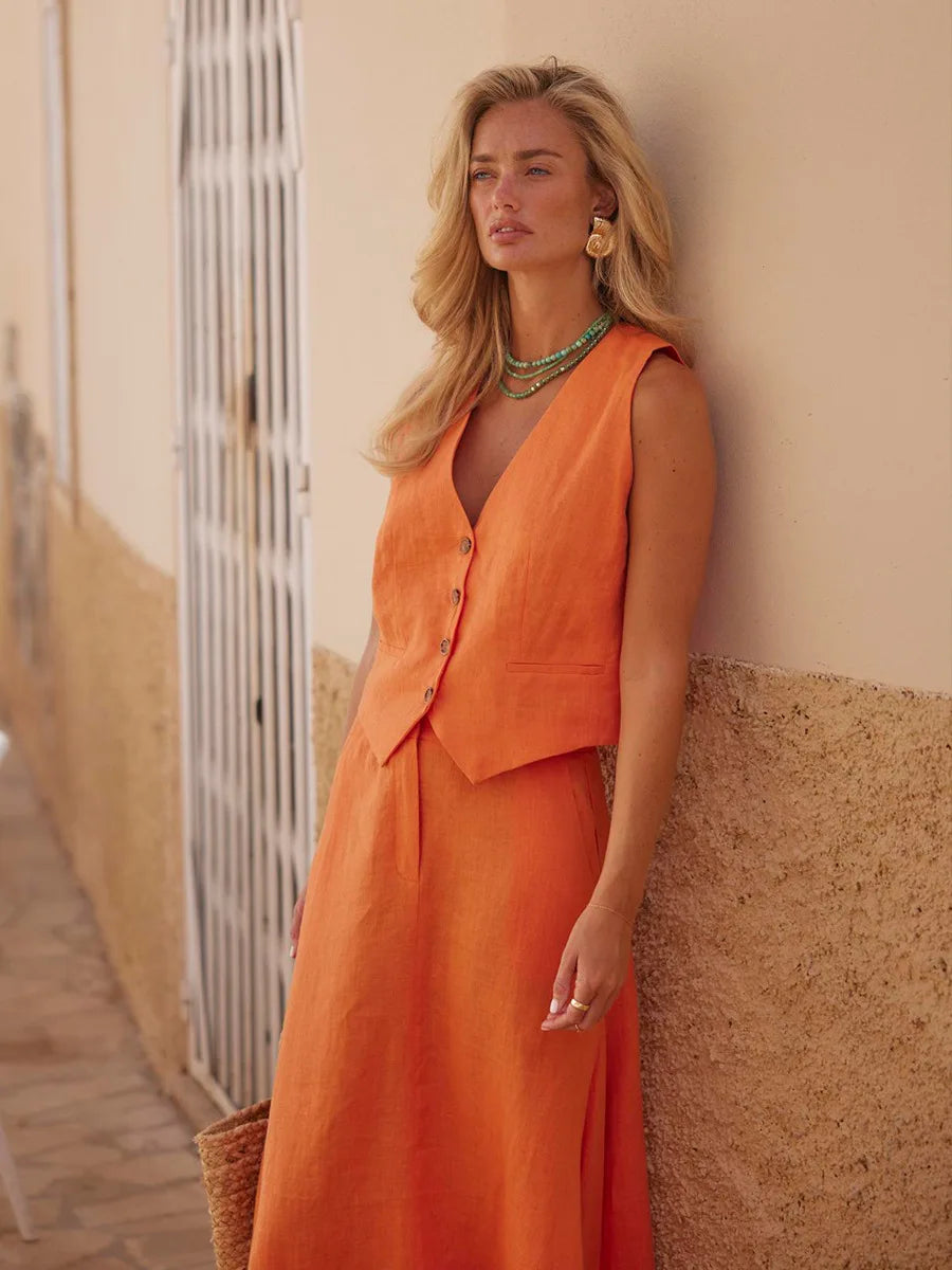 New Street Cotton Linen Vest Skirt Outfit Spring Women Sleeveless V-neck Tank Top+High Waist Loose Big Swing Skirt Two Piece Set
