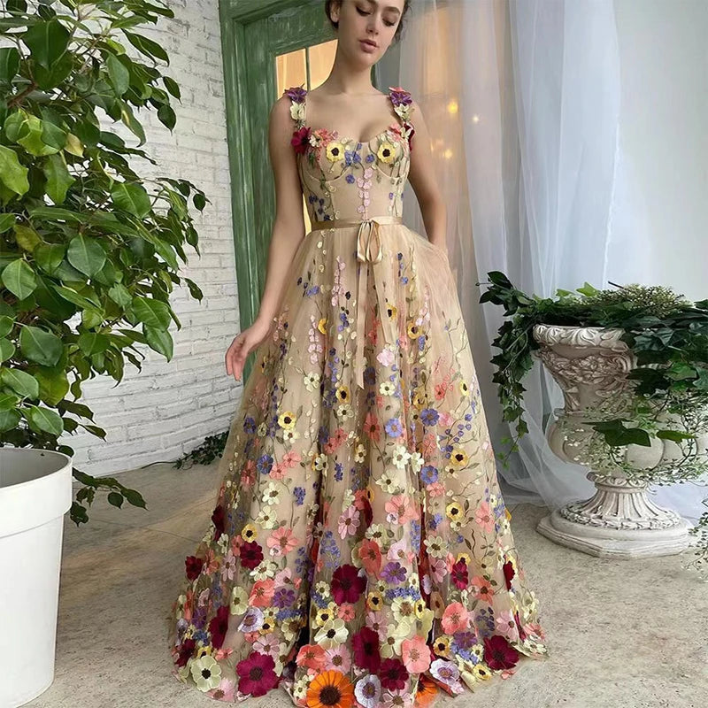 Elegant Embroidery 3D Flowers Dresses Spring Women V-neck Sleeveless Camisole Dress Summer High Waist Zipper Floor Length Dress