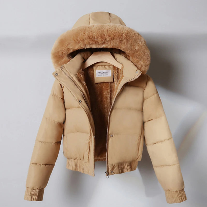 New Winter Warm Hooded Down Cotton Jacket Women Thickened Fleece Lining Big Fur Collar Long Sleeve Short Parkas Jacket Coat
