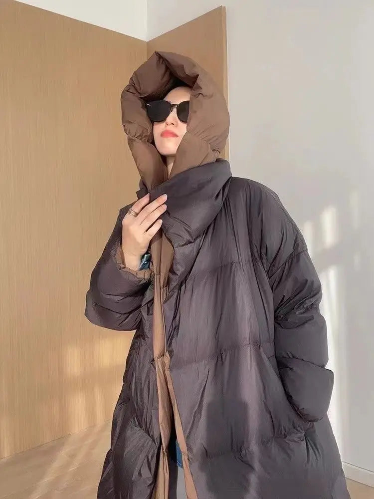 Winter New White Duck Down Hooded Fake Two Piece Down Jacket Women's Long Knee Down Jacket Winter Women's Warm Coat Pike Coat