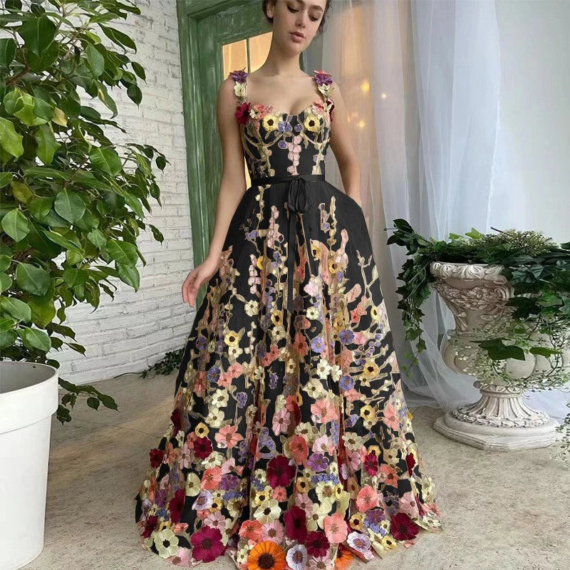 Elegant Embroidery 3D Flowers Dresses Spring Women V-neck Sleeveless Camisole Dress Summer High Waist Zipper Floor Length Dress