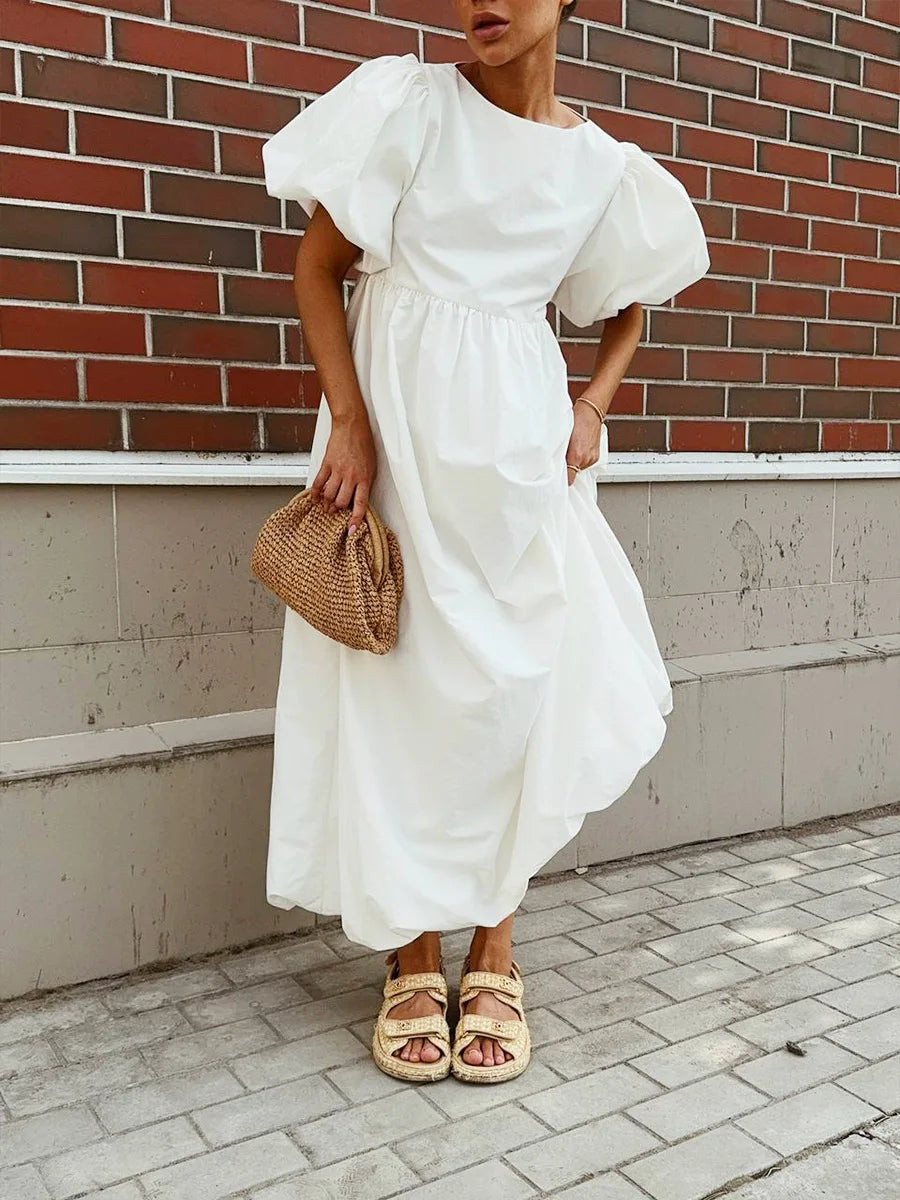 New Cotton O Neck Puff Sleeve Dresses Spring Women Solid Color Loose Casual Long Dress Summer High Waist Folding Pullover Dress