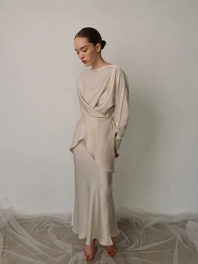 Spring Elegant Satins Outfit Women Long Sleeved Lace Up Top+High Waist Loose Straight Bust Skirt Autumn Female Two Piece Set