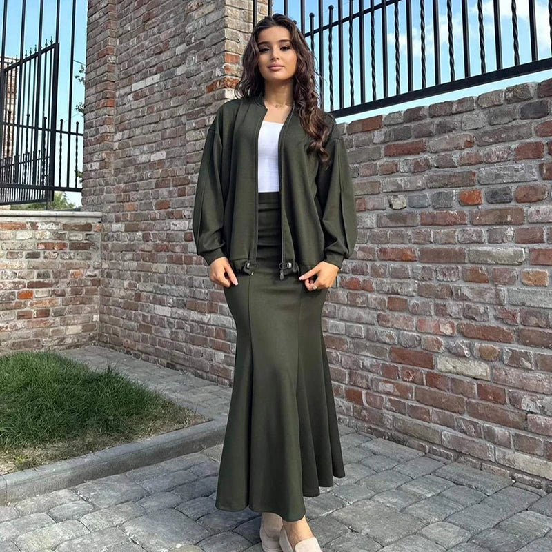 Spring Autumn Casual Two-Piece Set Women Jacket Slim Fit Fish Tail Wrapped Skirt Minimalist Retro Elegant High Waist Skirt Suit