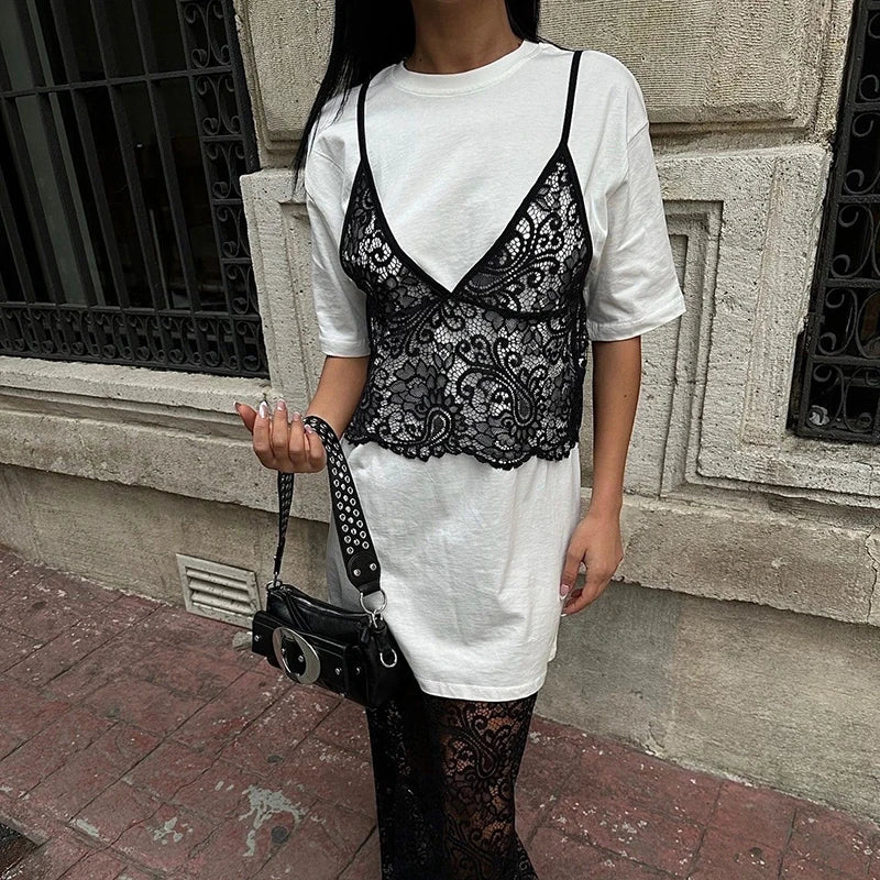 Summer Female Short Sleeve Casual Tee Women Fake Two Piece Chest Lace Stitching T-Shirt Fashion Tops Ladies Chic T-Shirt