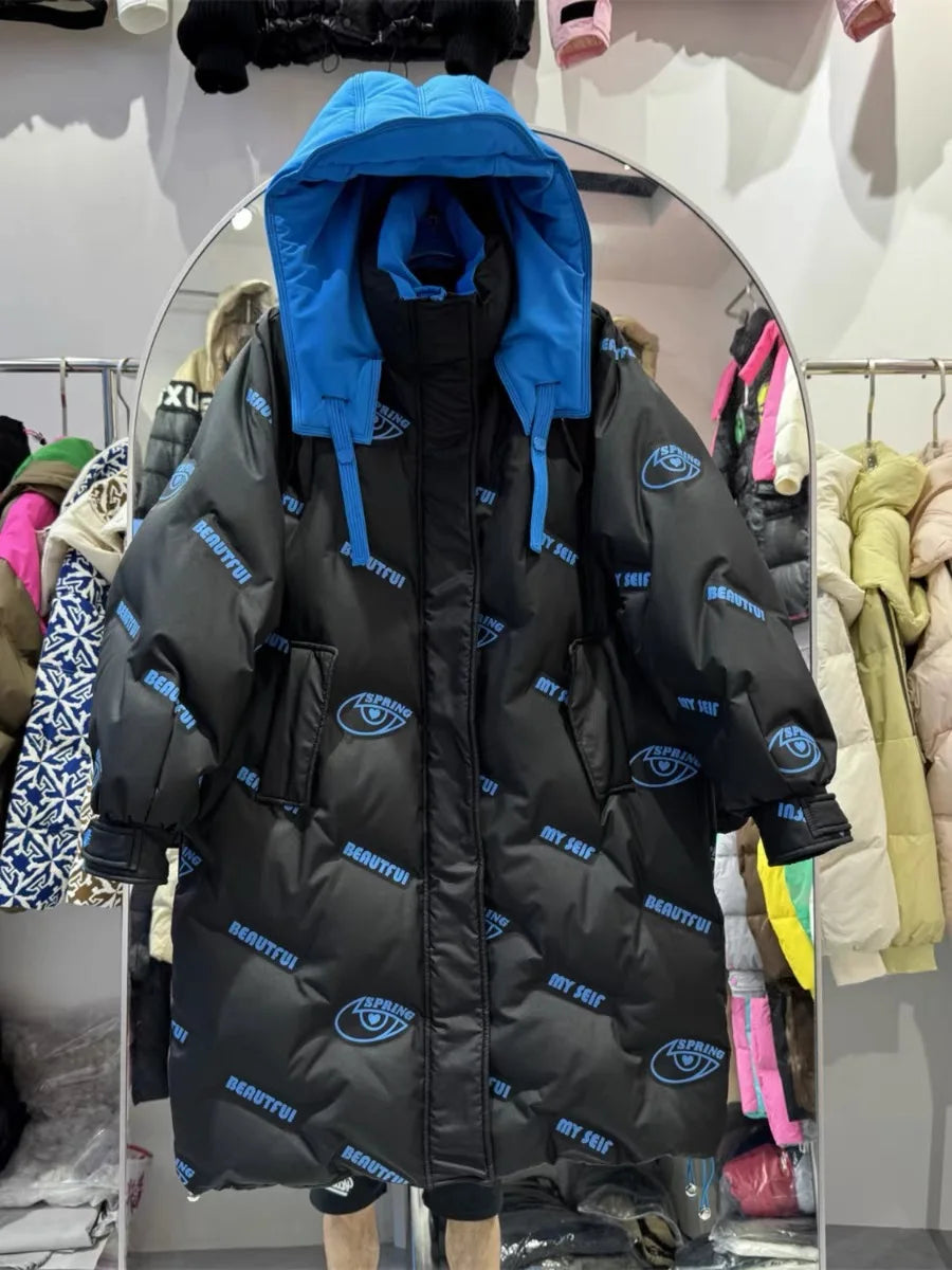 Winter Long White Duck Down Hooded Cotton Down Jackets New Thickened Warm Cotton Coat Fashion Loose Long Sleeves Parkas Jacket