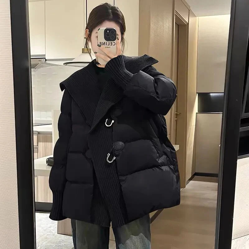 Winter Thick Mid Long Cow Horn Buckle Jacket Women Fashion White Duck Down Parka Outwear Female Large Lapel Loose Down Jacket