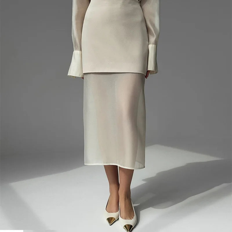 Women Spring Autumn Clothing Mercerized Mesh Lapel Long-sleeved Shirt+High Waist Splicing Bust Skirt Suit Female Two-piece Set