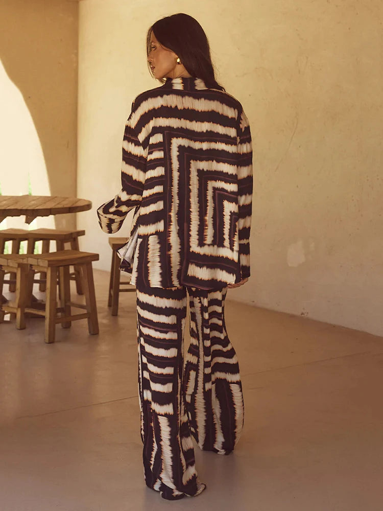 Spring Autumn Striped Casual Loose Blouses Pants Women Outfit Lapel Single Breasted Shirt+Printed Wide Leg Pants Two Piece Set