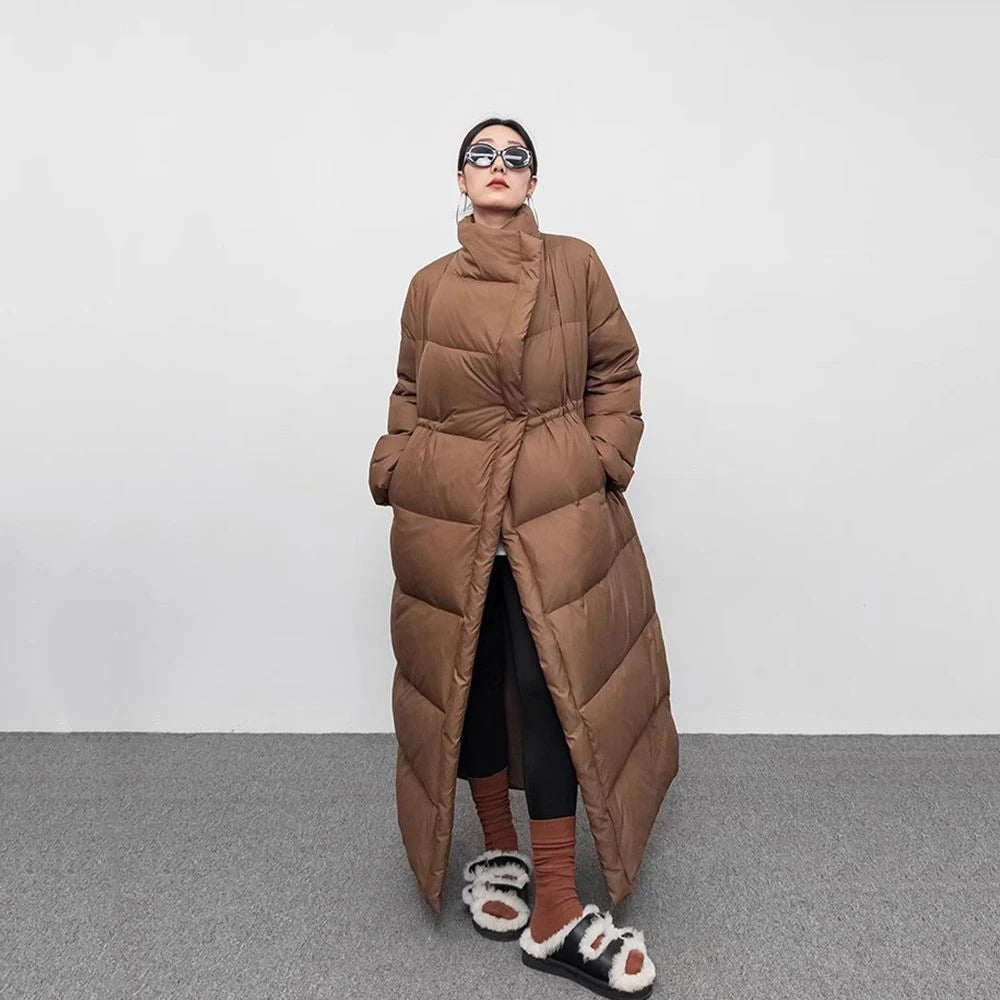 Winter Large Lapel Long Down Jacket Overcoat Women 90 White Duck Down Loose Knee Length Bread Cotton Quilt Jacket Warm Down Coat