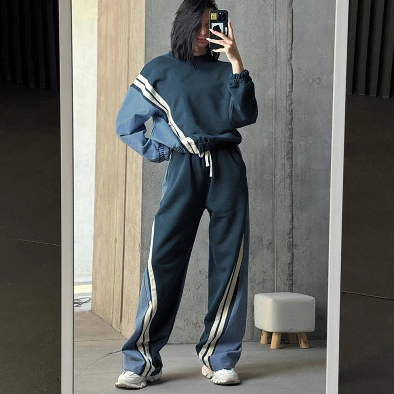 Spring Autumn Fashion Women 2 Pcs Set Round Neck Pullovers High Waist Drawstring Contrast Color Striped Pants Two-piece Set
