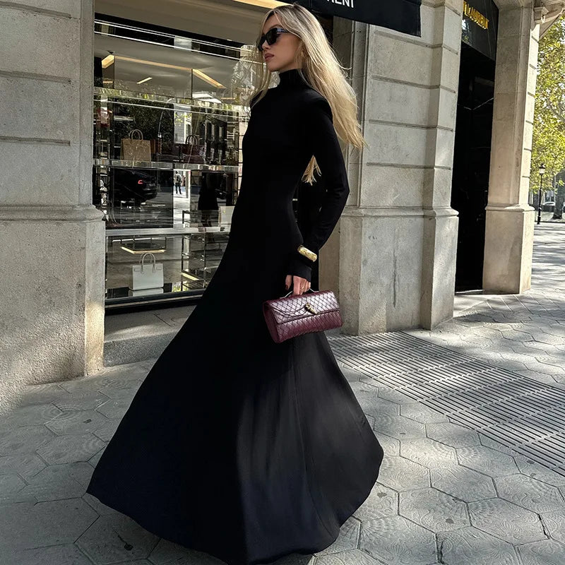 Spring Autumn Elegant High Collar Evening Dresses Women Black Long Sleeves Backless Dress Fashion Bodycon Banquet Vestidos Dress