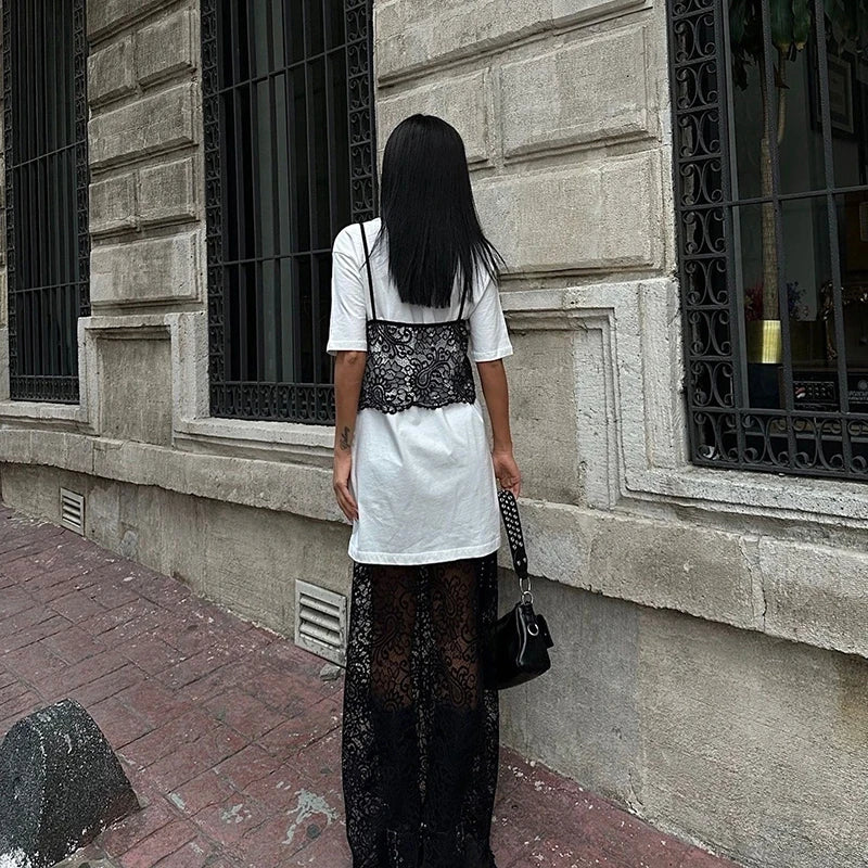 Summer Female Short Sleeve Casual Tee Women Fake Two Piece Chest Lace Stitching T-Shirt Fashion Tops Ladies Chic T-Shirt