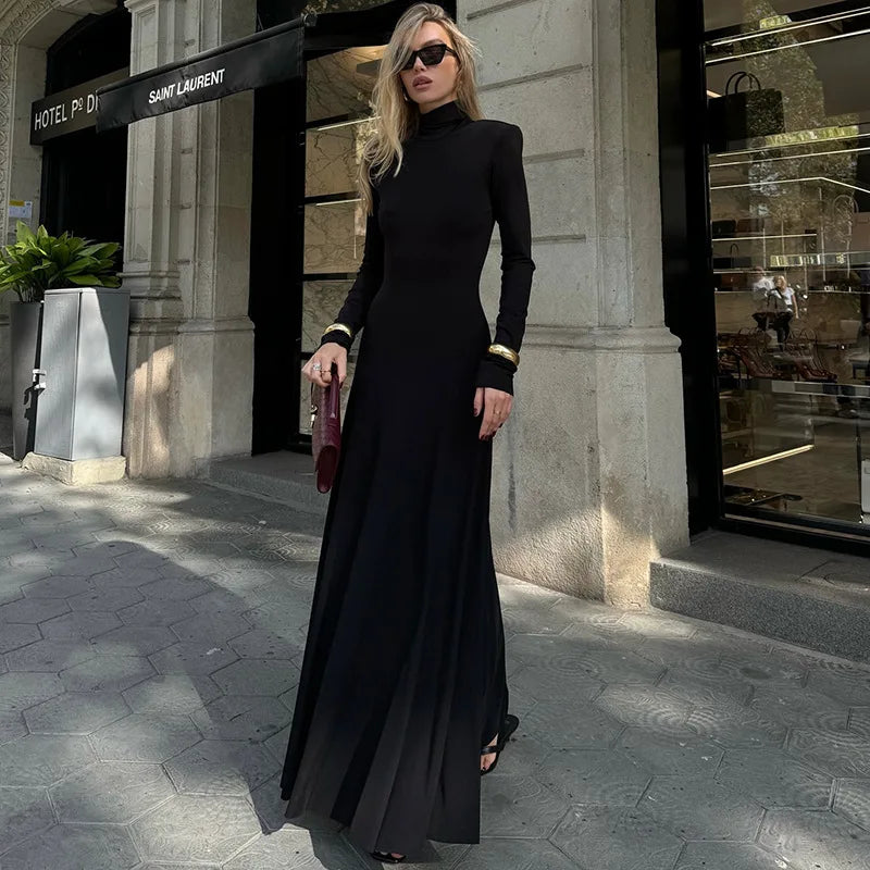Spring Autumn Elegant High Collar Evening Dresses Women Black Long Sleeves Backless Dress Fashion Bodycon Banquet Vestidos Dress