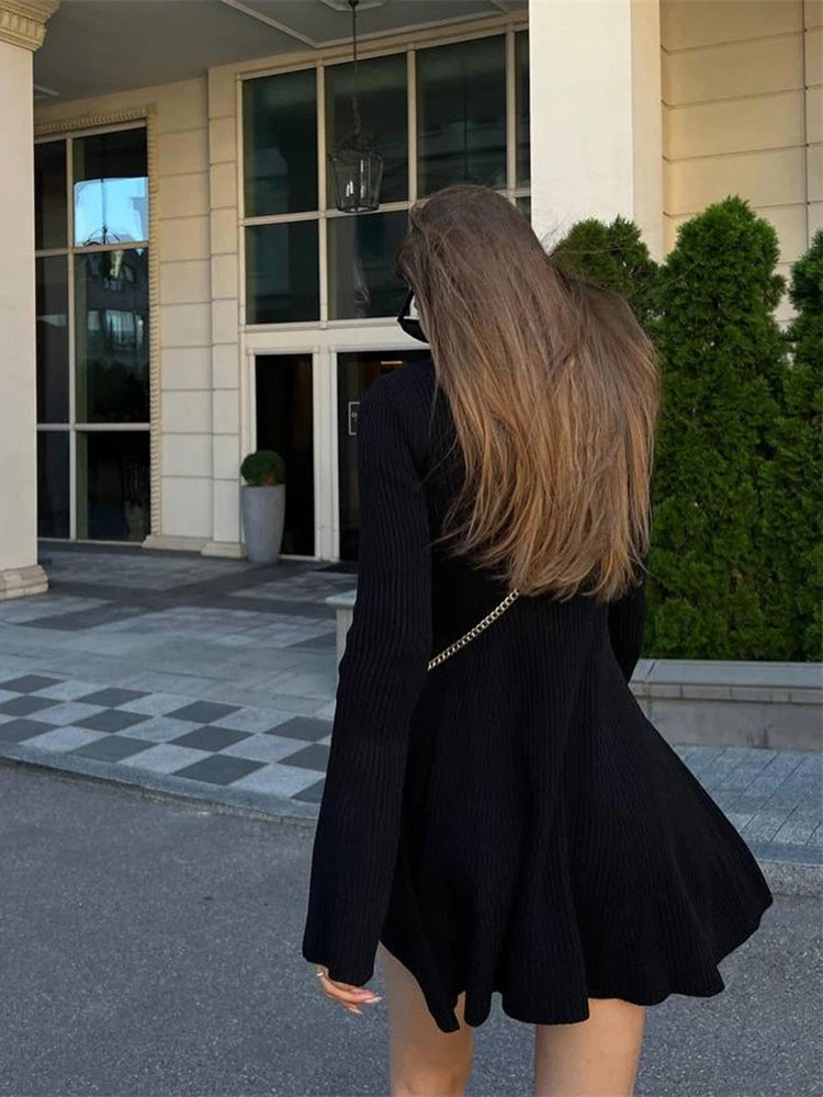 Flare Long Sleeve Black Dresses Party Vestidos Turtleneck Knitted Sweater Mini Dress Women Autumn Winter Vintage Casual Dress
