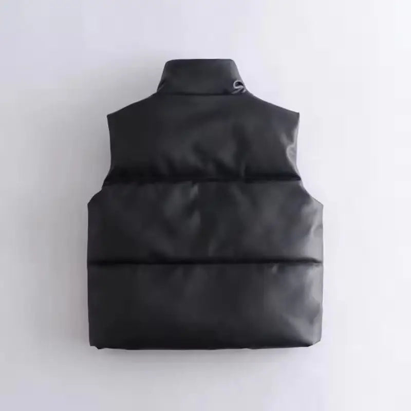 Spring Autumn Leather Vest Women Female Sleeveless Waterproof Jacket Women Puffy Down Waistcoat PU Puffer O-neck Vest Winter
