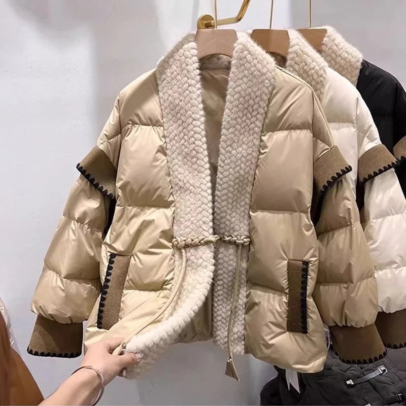New Cotton-Padded Jacket Women's Fashion Stitching Buckle Winter Solid Color Overcoat Parkas Fashion Bread Cotton Jacket Coats