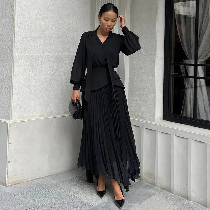 Women Dress Sets Skirt Two Piece Sets Elegant White Irregularity V Neck Full Sleeve Tops Lace Up Pleated A Line Long Skirts Suit