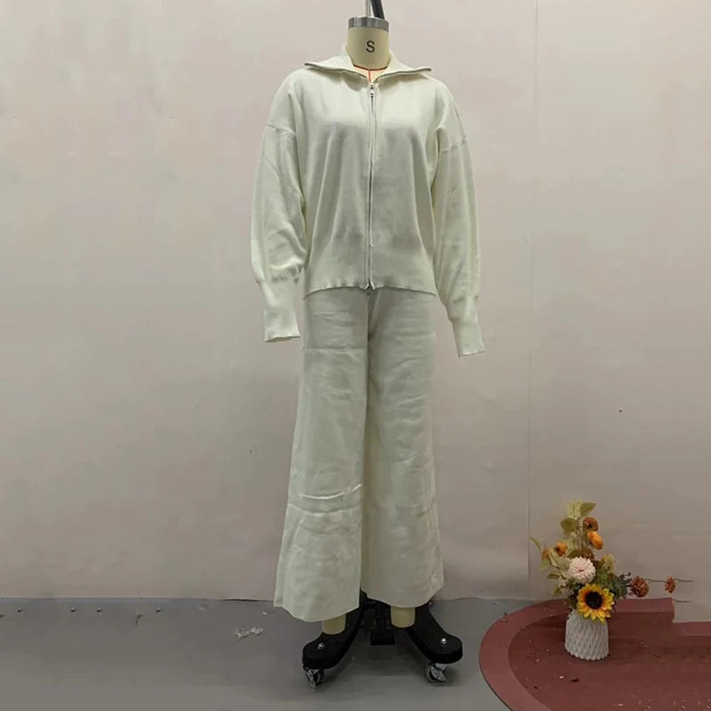 Spring Autumn Lady Solid Tracksuit Casual Knitted Cardigan Pants Sets 2 Pieces For Women Stand Collar Zipper Coat Wide Leg Pants