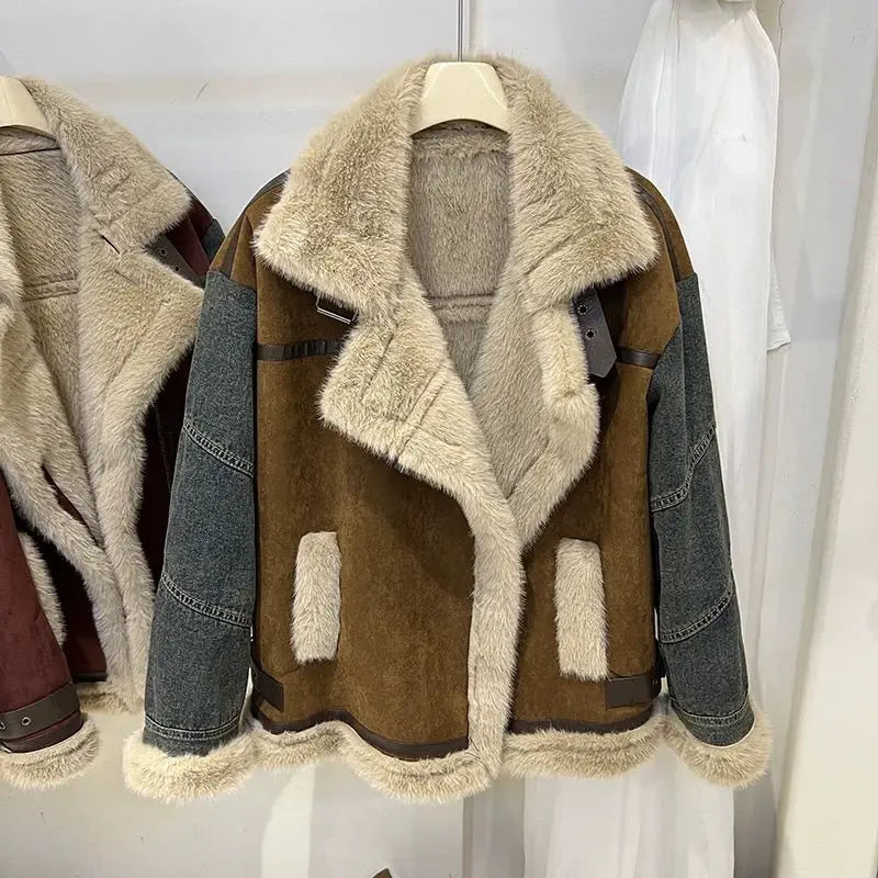 Winter Denim Splicing Big Lapel Warm Jackets Woman Single Breasted Long Sleeve Shearling Coat Lady Street Thicken Outerwear Coat