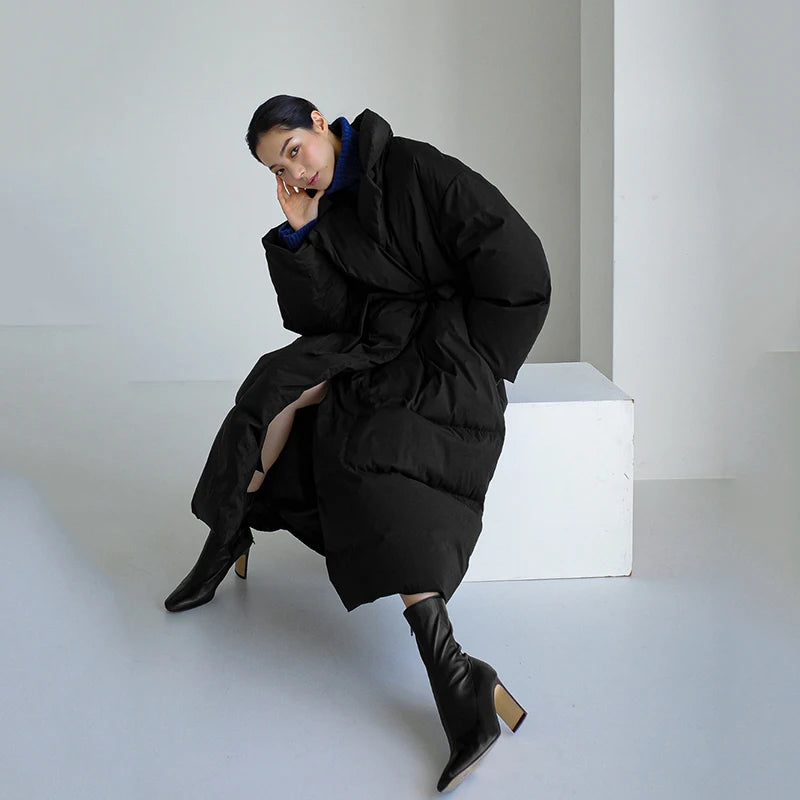 Winter New Stand Collar Long Down Jackets Loose Belt Long Sleeve Warm Coat Fashion Solid Cotton Padded Warm Down Overcoat Women