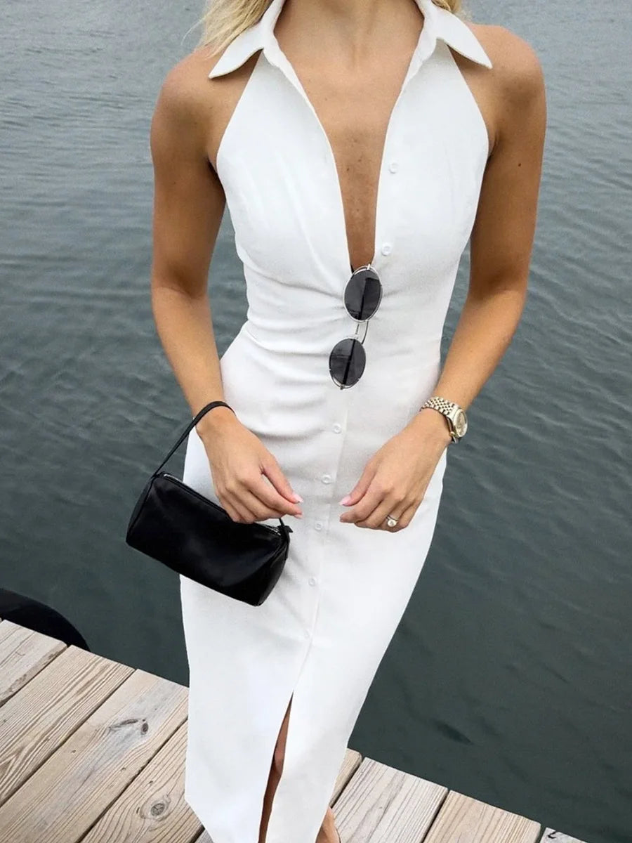 Spring Fashion Slit Long Dresses Women Solid Lapel Sleeveless Knee Length Dress Summer High Waist Single Breasted Casual Dress