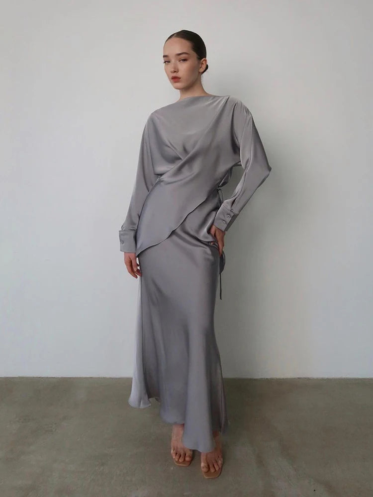 Spring Elegant Satins Outfit Women Long Sleeved Lace Up Top+High Waist Loose Straight Bust Skirt Autumn Female Two Piece Set